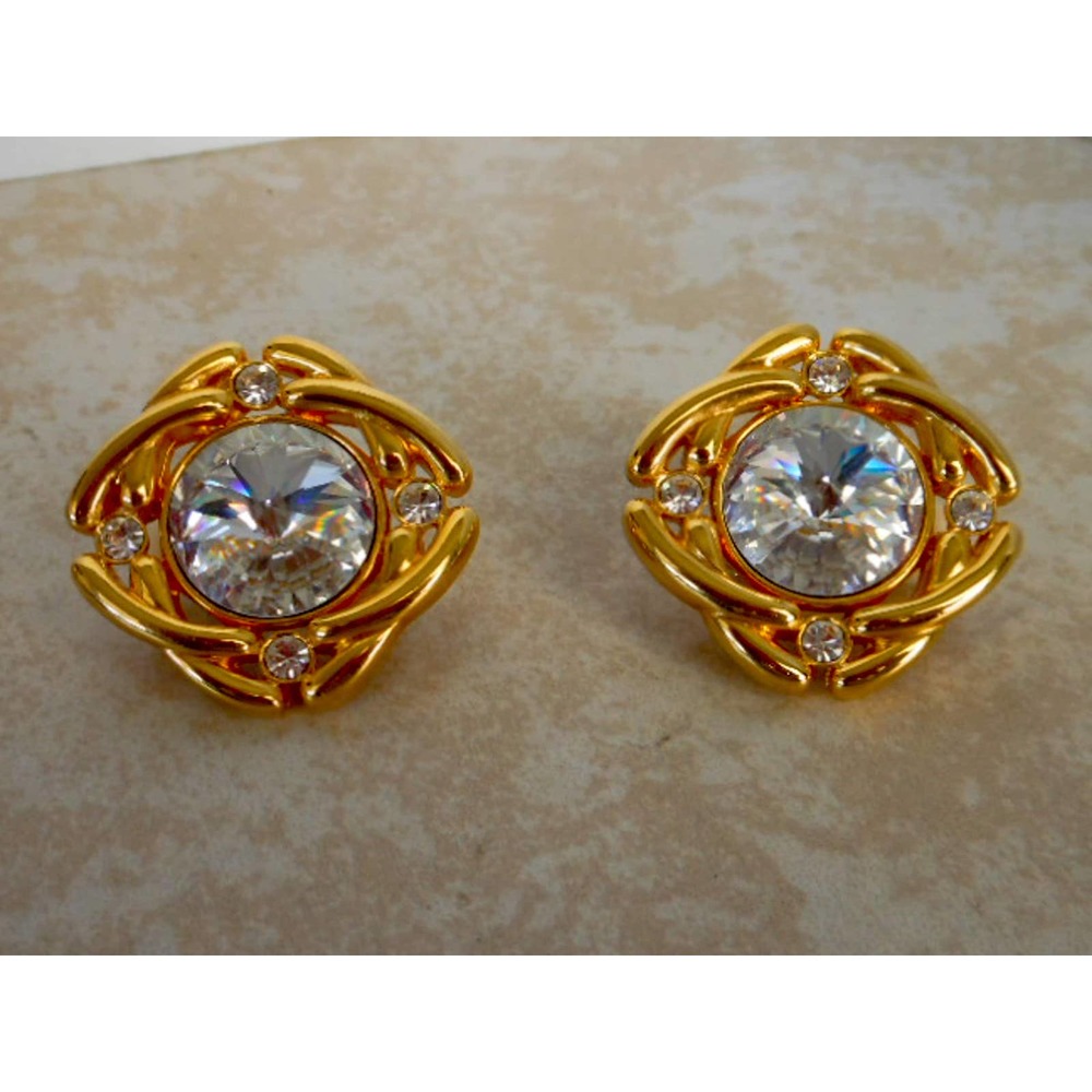 Vintage Gold Rivoli Rhinestone Clip On Earrings
